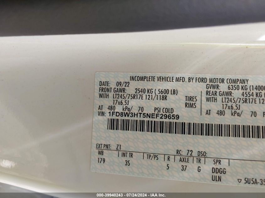 2022 Ford F350 Super Duty VIN: 1FD8W3HT5NEF29659 Lot: 39940243