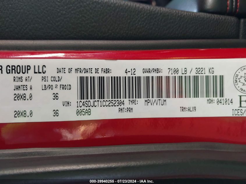 2012 Dodge Durango R/T VIN: 1C4SDJCT1CC252304 Lot: 39940255