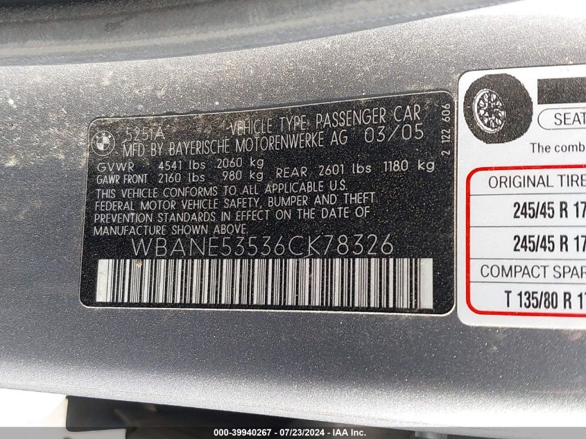 2006 BMW 525 I VIN: WBANE53536CK78326 Lot: 39940267