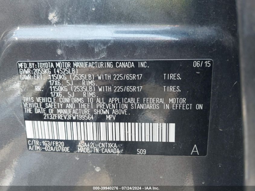 2015 Toyota Rav4 Le VIN: 2T3ZFREV3FW199564 Lot: 39940276