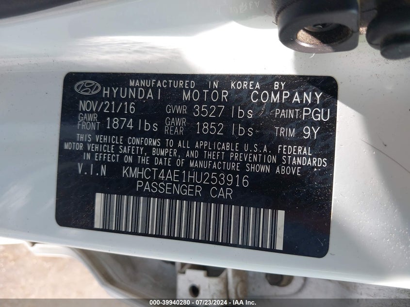 2017 Hyundai Accent Value Edition VIN: KMHCT4AE1HU253916 Lot: 39940280