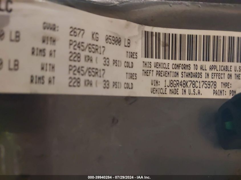 2008 Jeep Grand Cherokee Laredo VIN: 1J8GR48K78C175978 Lot: 39940284