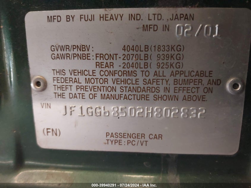 2002 Subaru Impreza Outback Sport VIN: JF1GG68502H802832 Lot: 39940291