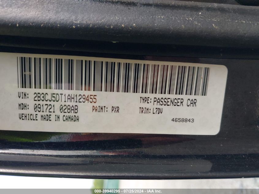 2010 Dodge Challenger R/T VIN: 2B3CJ5DT1AH129455 Lot: 39940295