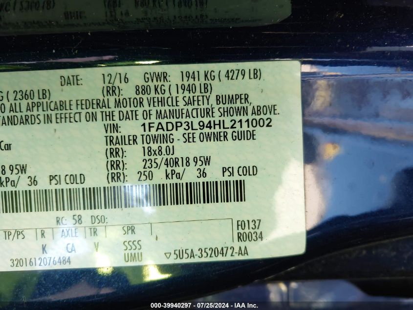 2017 Ford Focus St St VIN: 1FADP3L94HL211002 Lot: 39940297