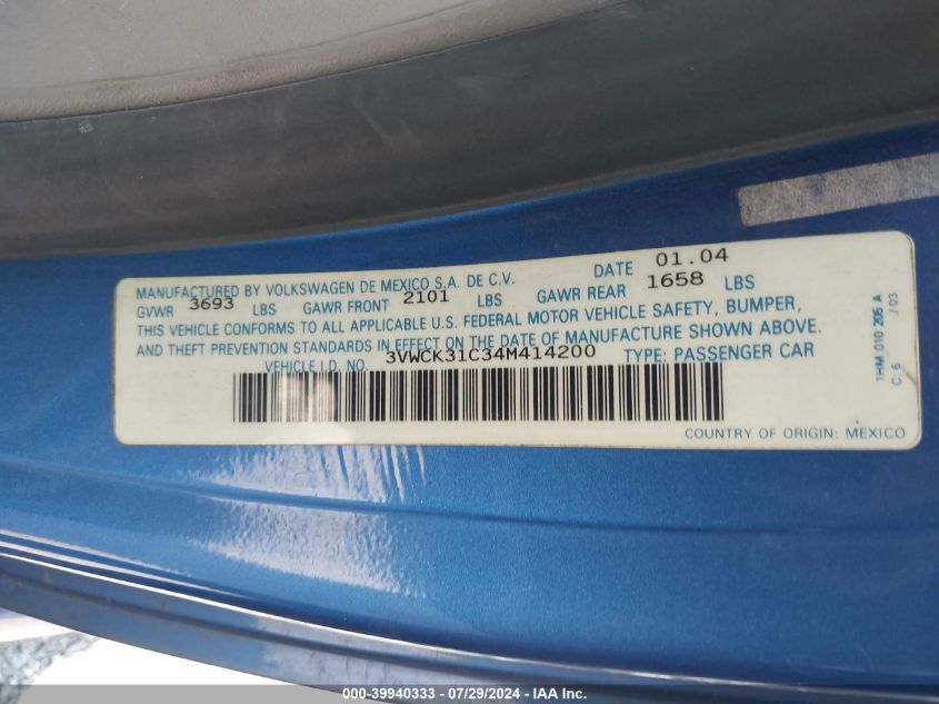 2004 Volkswagen New Beetle Gls 2.0L VIN: 3VWCK31C34M414200 Lot: 39940333