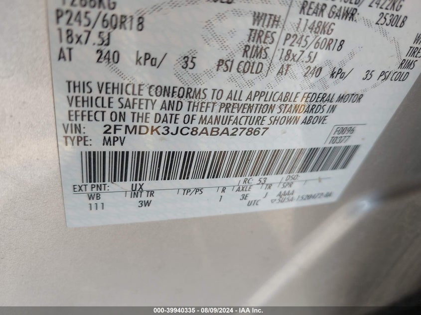 2010 Ford Edge Sel VIN: 2FMDK3JC8ABA27867 Lot: 39940335