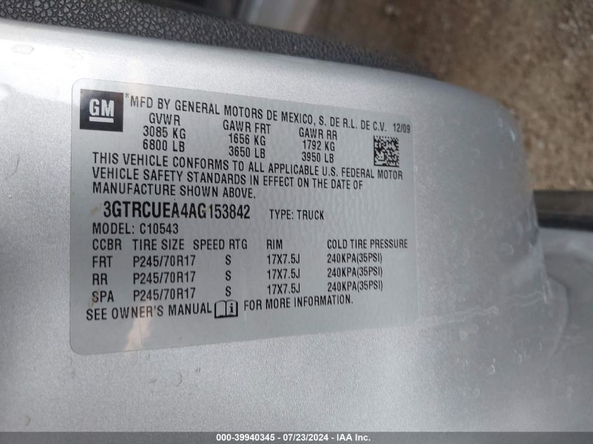 2010 GMC Sierra 1500 Sl VIN: 3GTRCUEA4AG153842 Lot: 39940345