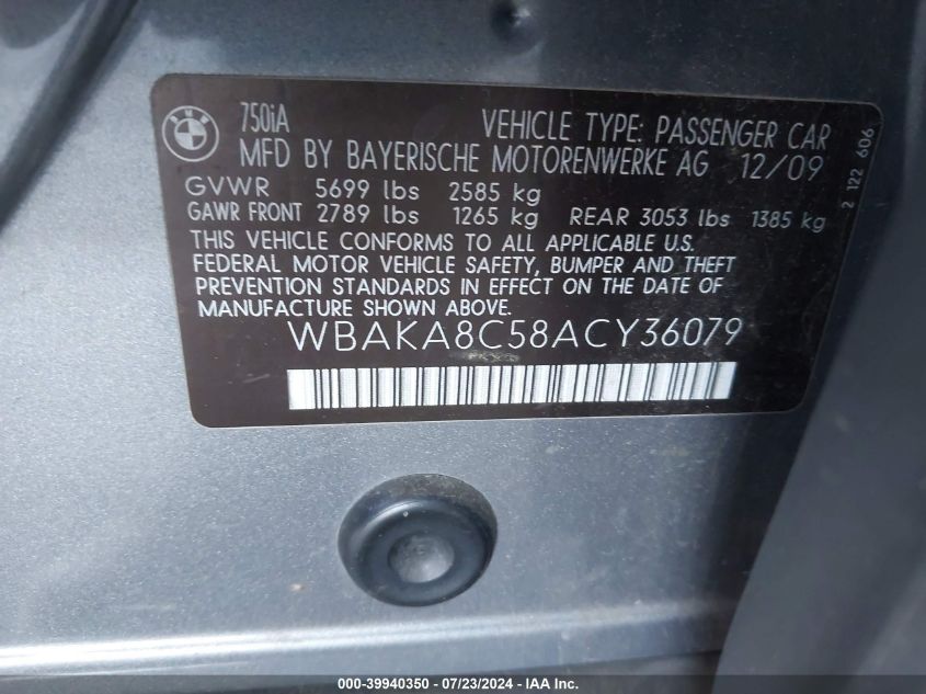 2010 BMW 750I VIN: WBAKA8C58ACY36079 Lot: 39940350