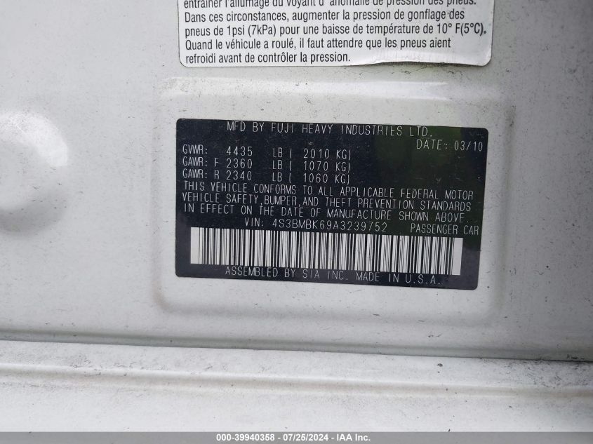 2010 Subaru Legacy 2.5I Limited VIN: 4S3BMBK69A3239752 Lot: 39940358