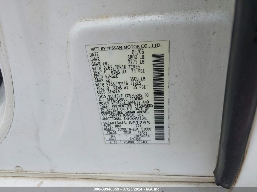 2006 Nissan Pathfinder Se VIN: 5N1AR18U46C661265 Lot: 39940359