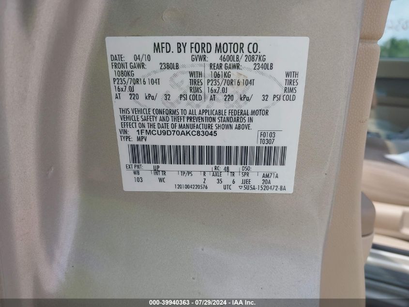 2010 Ford Escape Xlt VIN: 1FMCU9D70AKC83045 Lot: 39940363