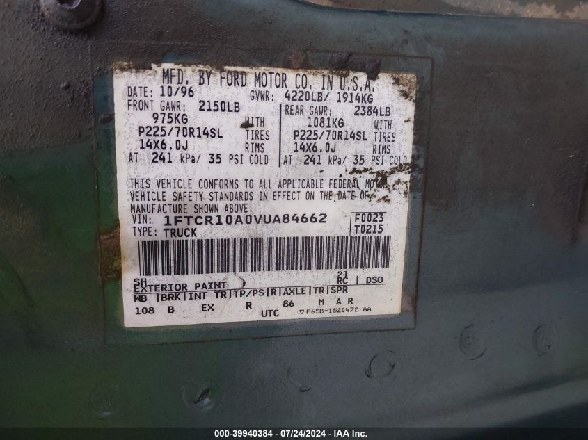 1997 Ford Ranger Splash/Xl/Xlt VIN: 1FTCR10A0VUA84662 Lot: 39940384