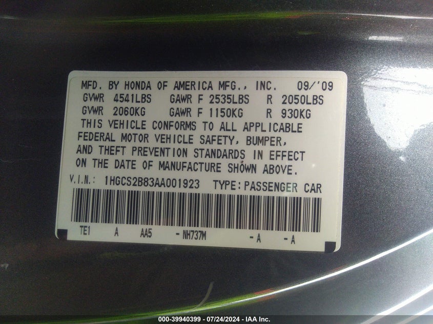 2010 Honda Accord 3.5 Ex-L VIN: 1HGCS2B83AA001923 Lot: 39940399