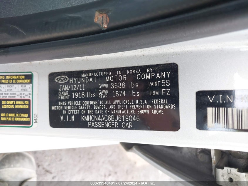 2011 Hyundai Accent Gls VIN: KMHCN4AC8BU619046 Lot: 39940401