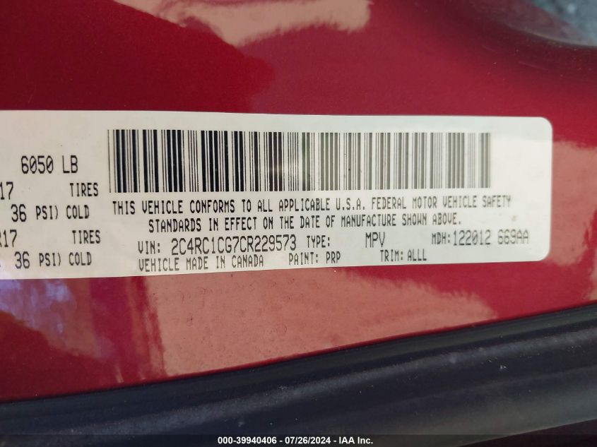 2012 Chrysler Town & Country Touring L VIN: 2C4RC1CG7CR229573 Lot: 39940406