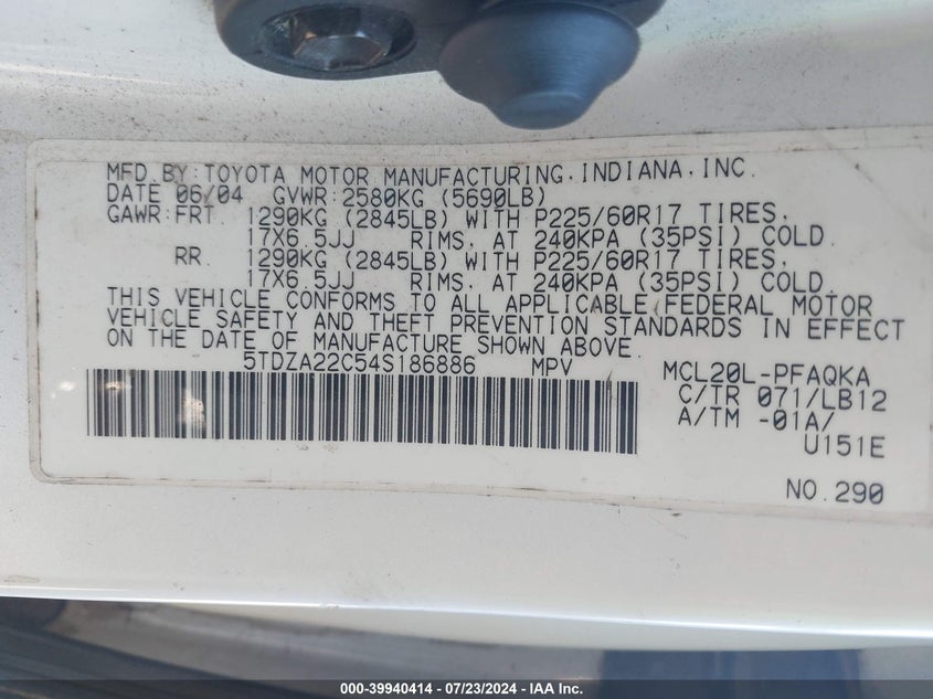 2004 Toyota Sienna Xle VIN: 5TDZA22C54S186886 Lot: 39940414