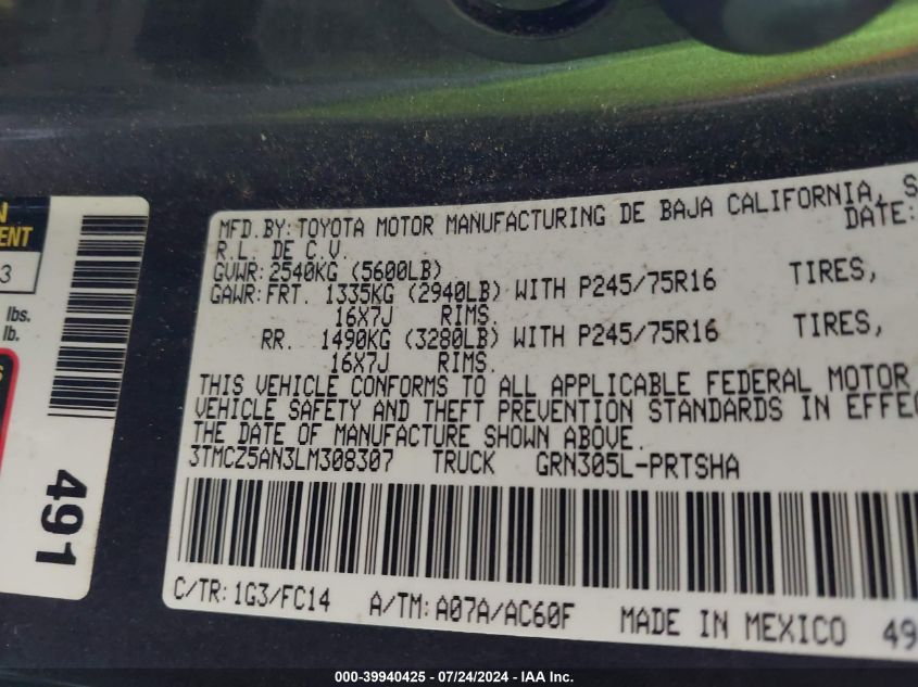 2020 Toyota Tacoma Double Cab/Sr/Sr5/Trd Spo VIN: 3TMCZ5AN3LM308307 Lot: 39940425