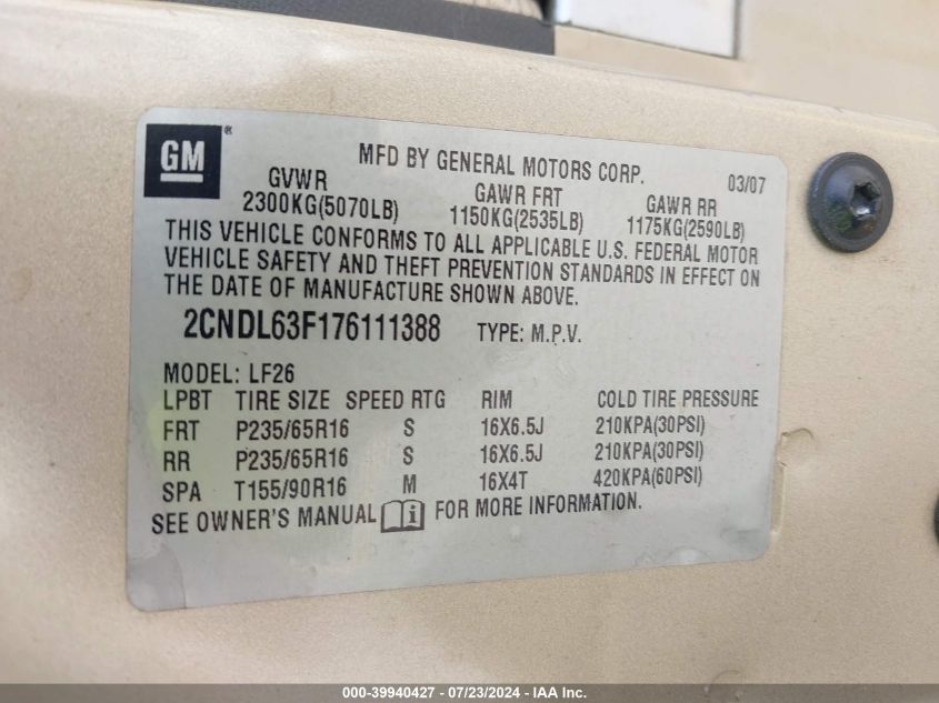 2007 Chevrolet Equinox Lt VIN: 2CNDL63F176111388 Lot: 39940427