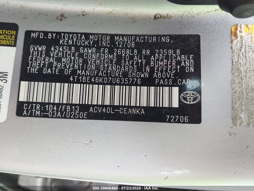 2007 Toyota Camry Ce VIN: 4T1BE46K07U635776 Lot: 39940460