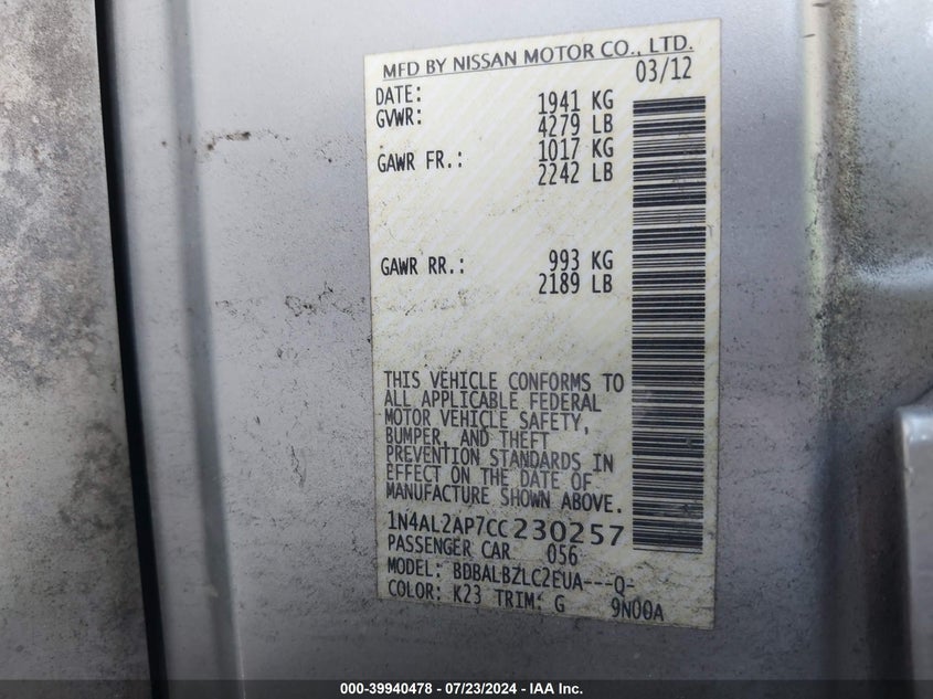 1N4AL2AP7CC230257 2012 Nissan Altima 2.5 S