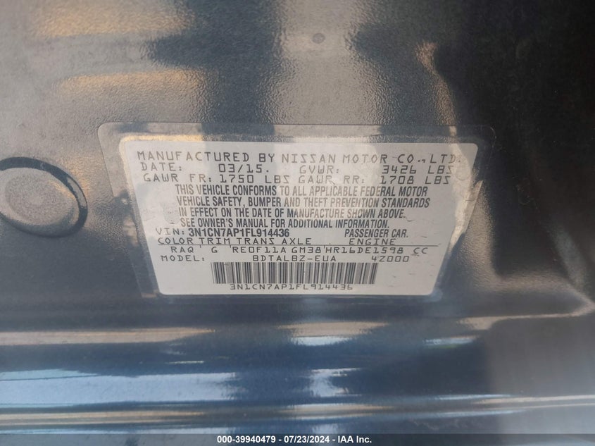 2015 Nissan Versa S/S Plus/Sv/Sl VIN: 3N1CN7AP1FL914436 Lot: 39940479