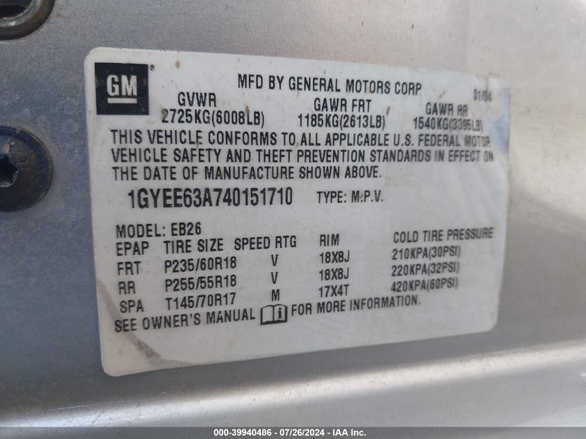 2004 Cadillac Srx V8 VIN: 1GYEE63A740151710 Lot: 39940486