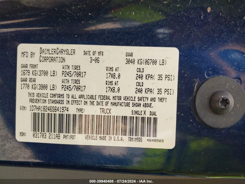 2006 Dodge Ram 1500 Slt VIN: 1D7HA18246S641974 Lot: 39940488