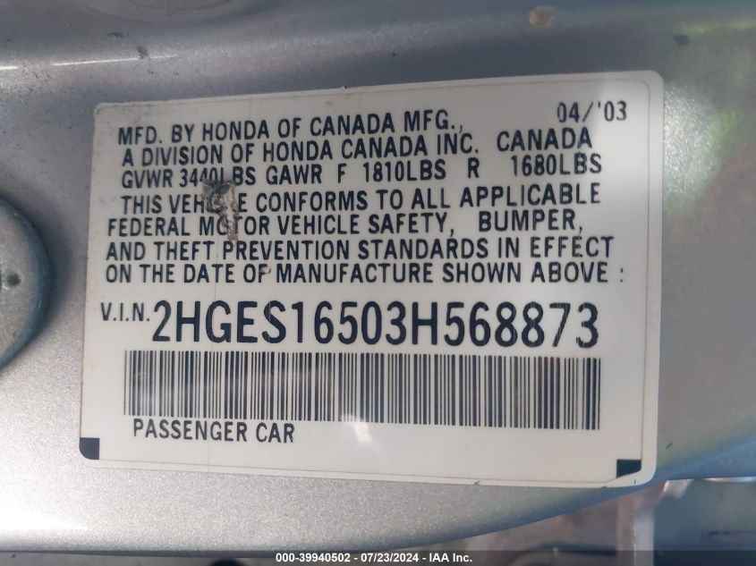 2003 Honda Civic Lx VIN: 2HGES16503H568873 Lot: 39940502