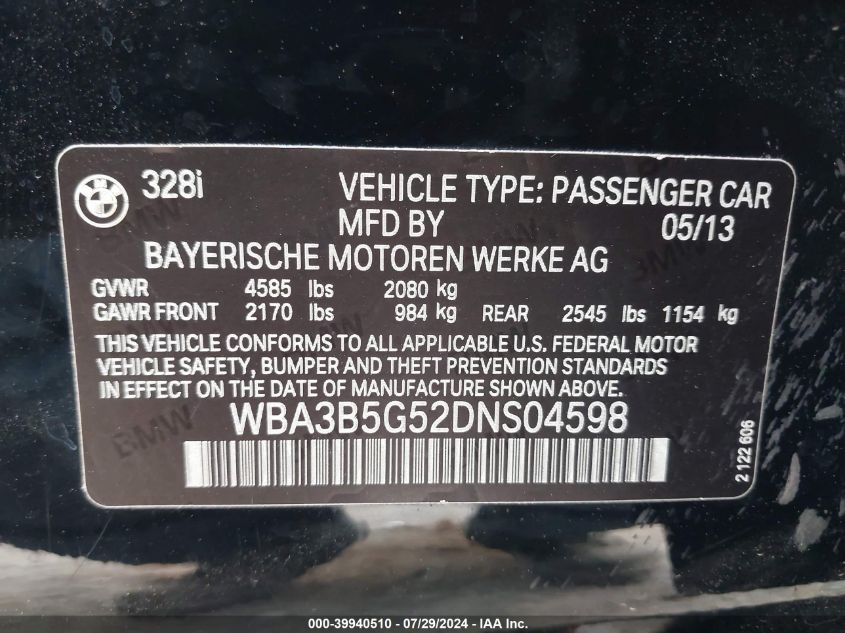 2013 BMW 328I xDrive VIN: WBA3B5G52DNS04598 Lot: 39940510
