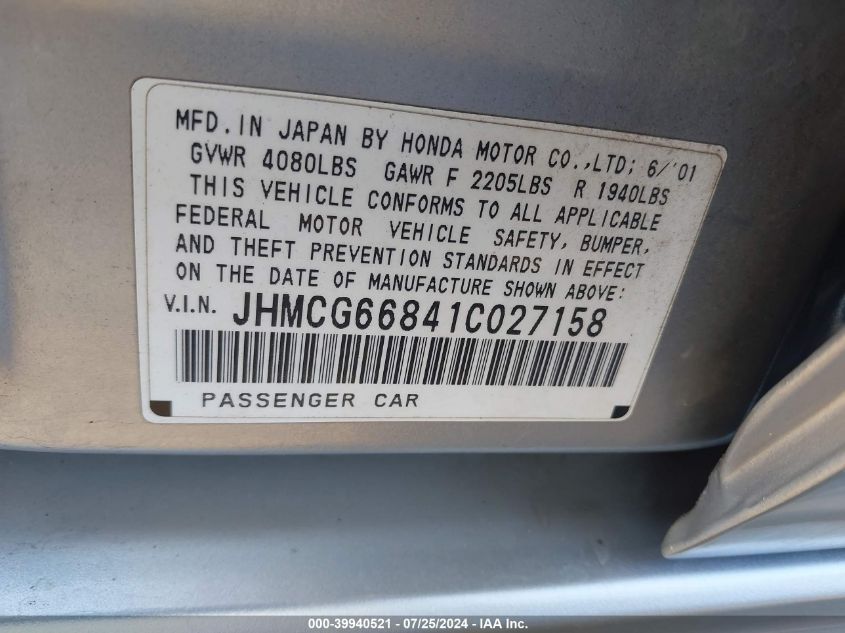 2001 Honda Accord 2.3 Ex VIN: JHMCG66841C027158 Lot: 39940521