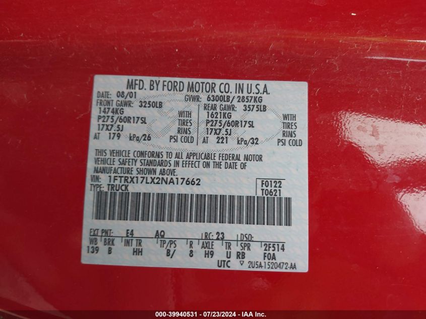 2002 Ford F-150 Lariat/Xl/Xlt VIN: 1FTRX17LX2NA17662 Lot: 39940531