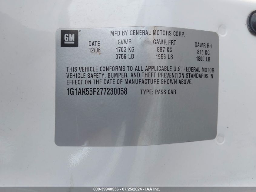 2007 Chevrolet Cobalt Ls VIN: 1G1AK55F277230058 Lot: 39940536