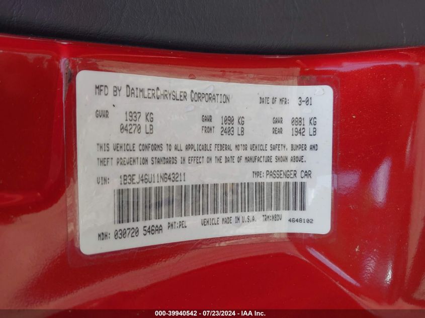 2001 Dodge Stratus Se VIN: 1B3EJ46U11N643211 Lot: 39940542