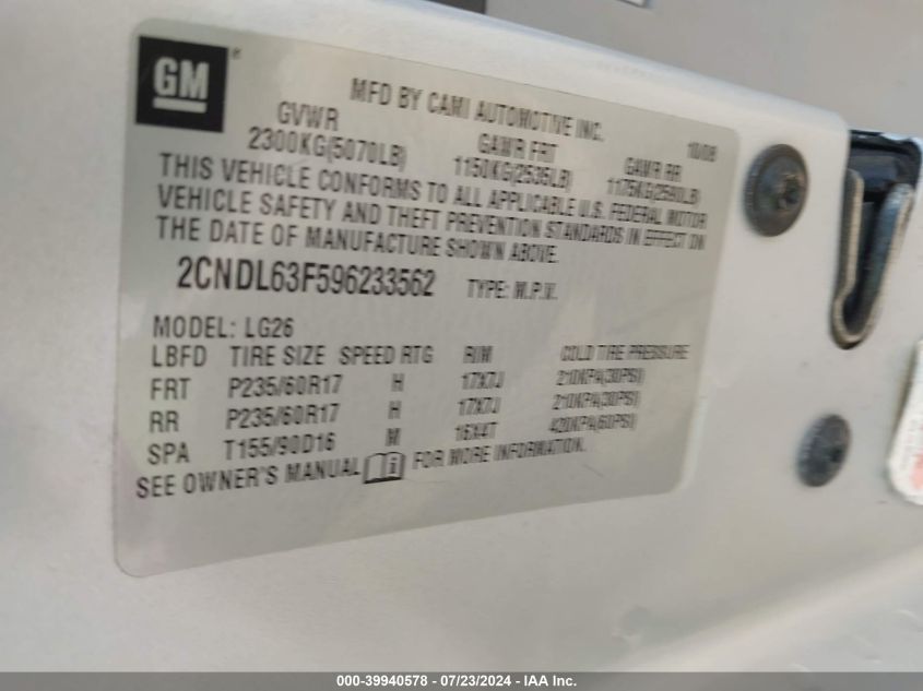 2009 Chevrolet Equinox Lt VIN: 2CNDL63F596233562 Lot: 39940578