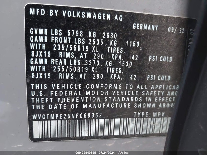 VIN WVGTMPE25NP069362 2022 VOLKSWAGEN ID.4 PRO S