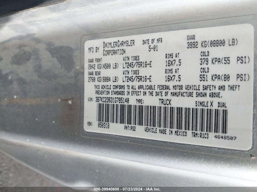 2001 Dodge Ram 2500 St VIN: 3B7KC23631G785140 Lot: 39940600