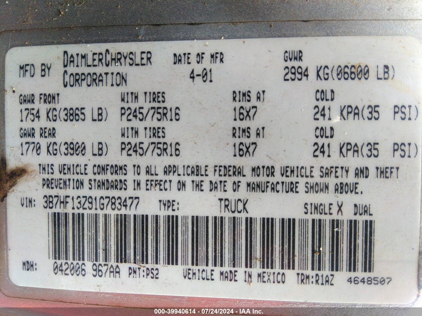 2001 Dodge Ram 1500 St VIN: 3B7HF13Z91G783477 Lot: 39940614