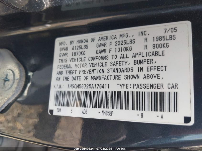 2005 Honda Accord 2.4 Ex VIN: 1HGCM56725A176411 Lot: 39940634