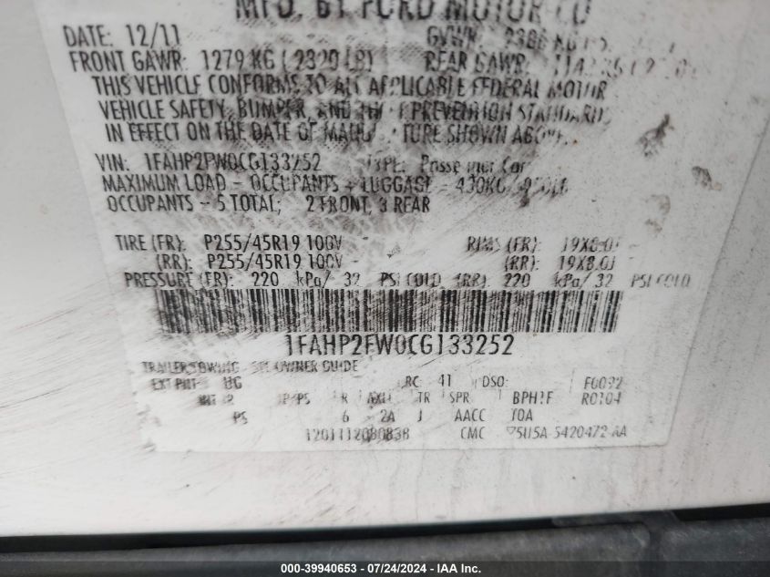 2012 Ford Taurus Limited VIN: 1FAHP2FW0CG133252 Lot: 39940653