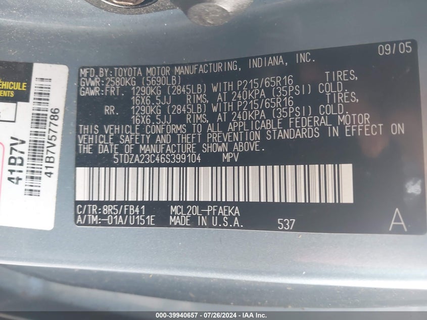 2006 Toyota Sienna Ce/Le VIN: 5TDZA23C46S399104 Lot: 39940657