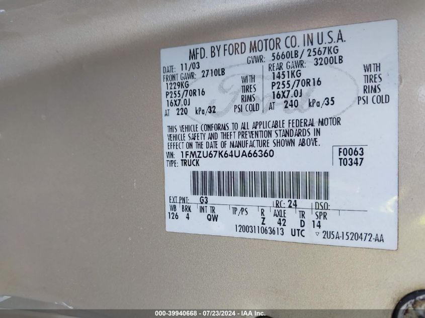 2004 Ford Explorer Sport Trac Adrenalin/Xls/Xlt VIN: 1FMZU67K64UA66360 Lot: 39940668