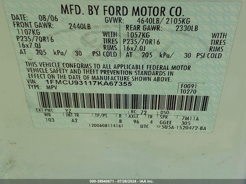 2007 Ford Escape Xlt/Xlt Sport VIN: 1FMCU93117KA67355 Lot: 39940671