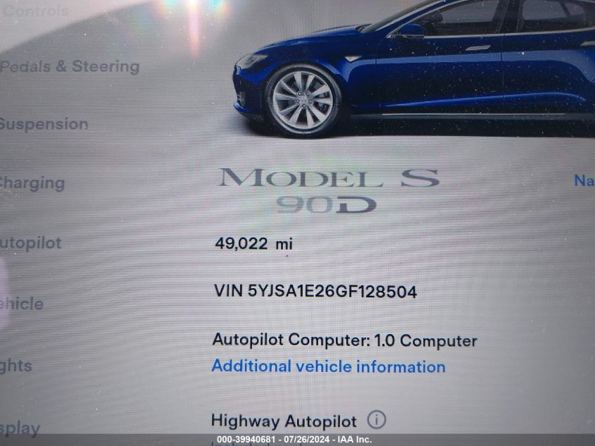 2016 Tesla Model S 60D/70D/75D/85D/90D VIN: 5YJSA1E26GF128504 Lot: 39940681