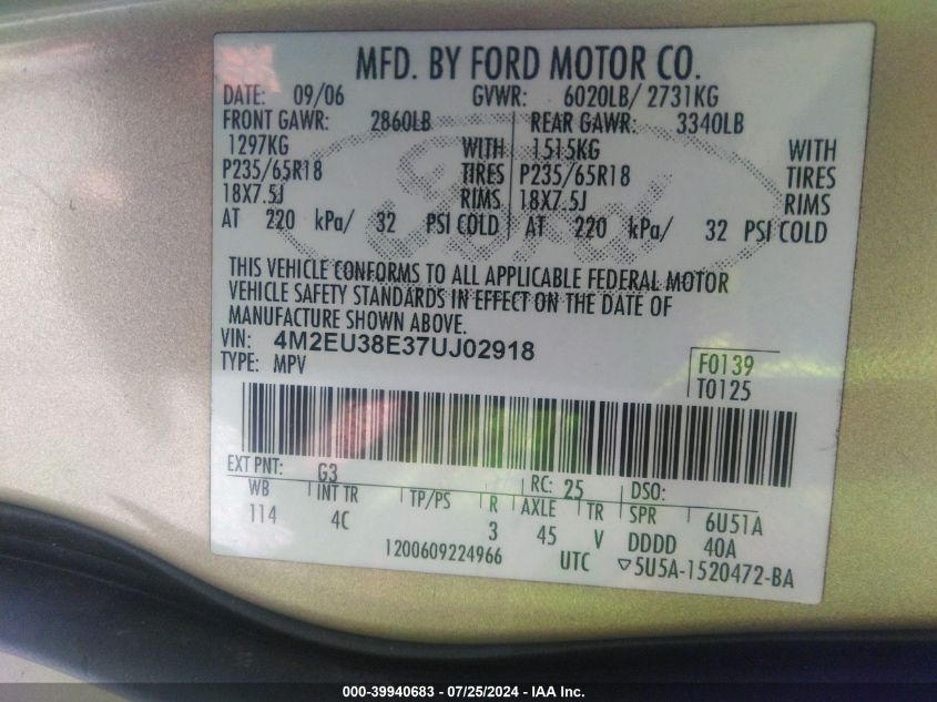 2007 Mercury Mountaineer Premier VIN: 4M2EU38E37UJ02918 Lot: 39940683