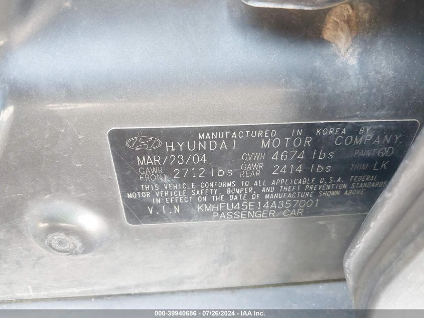 2004 Hyundai Xg350 L VIN: KMHFU45E14A357001 Lot: 39940686