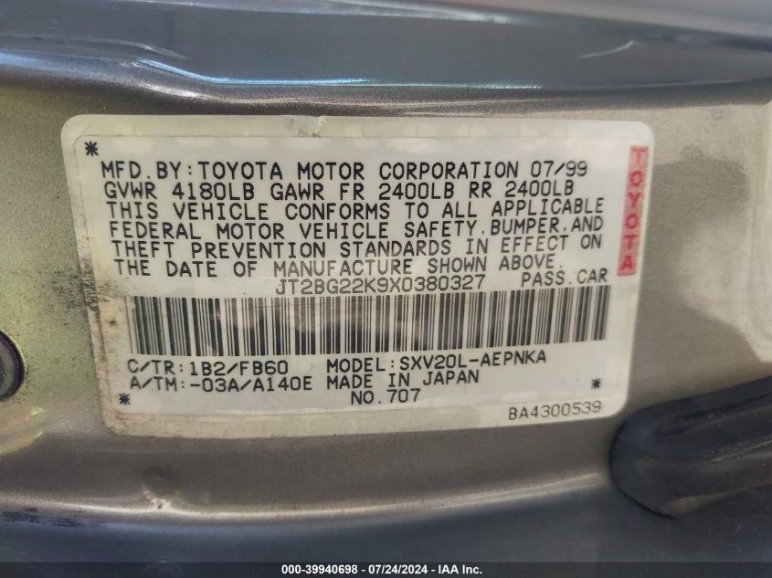 1999 Toyota Camry Le/Xle VIN: JT2BG22K9X0380327 Lot: 39940698