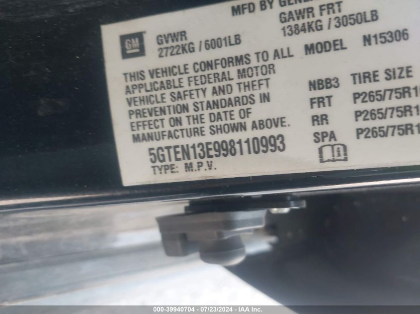 2009 Hummer H3 Suv VIN: 5GTEN13E998110993 Lot: 39940704