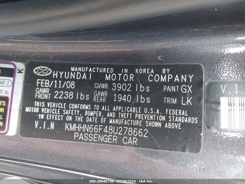 2008 Hyundai Tiburon Gt/Gt Limited/Se VIN: KMHHN66F48U278662 Lot: 39940789