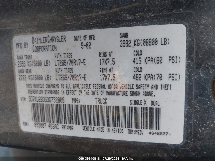 2003 Dodge Ram 2500 Slt/Laramie/St VIN: 3D7KU28D53G732808 Lot: 39940816